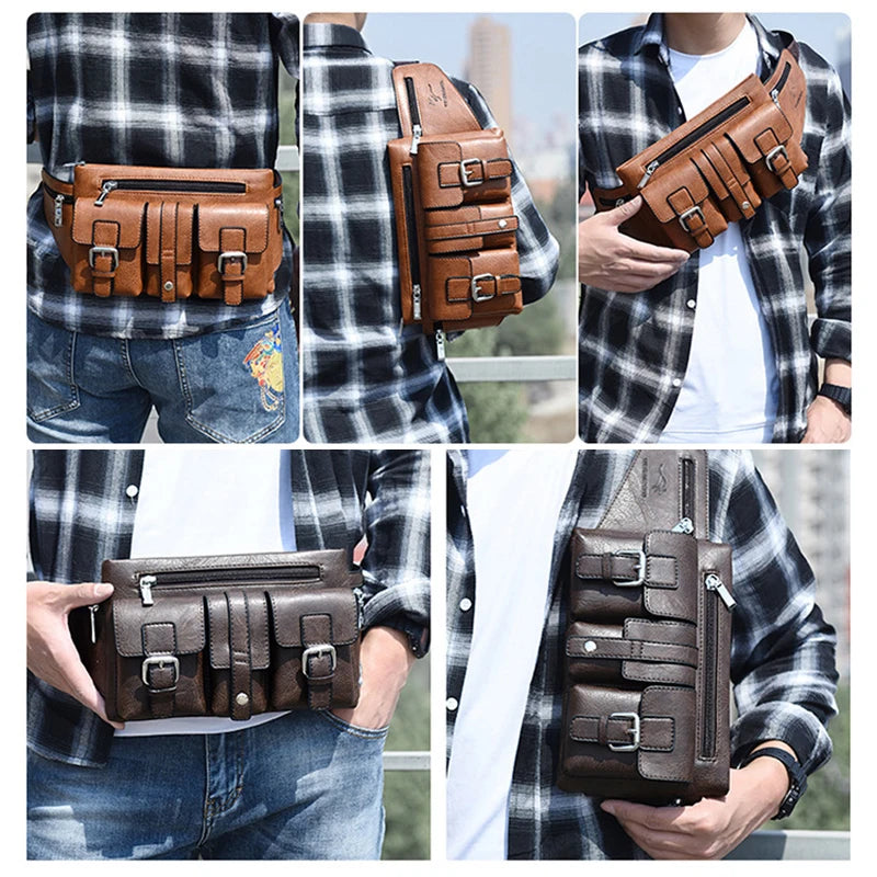 Waist Pack Chest Bag for Man Leather Wallet Hip Sack Pack Cross Shoulder