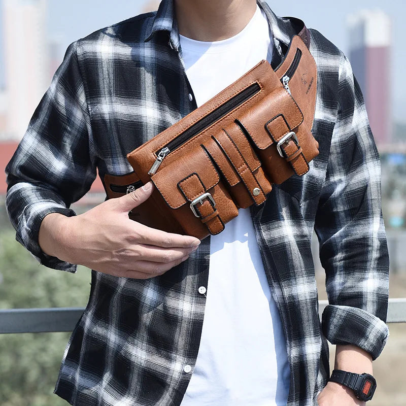 Waist Pack Chest Bag for Man Leather Wallet Hip Sack Pack Cross Shoulder